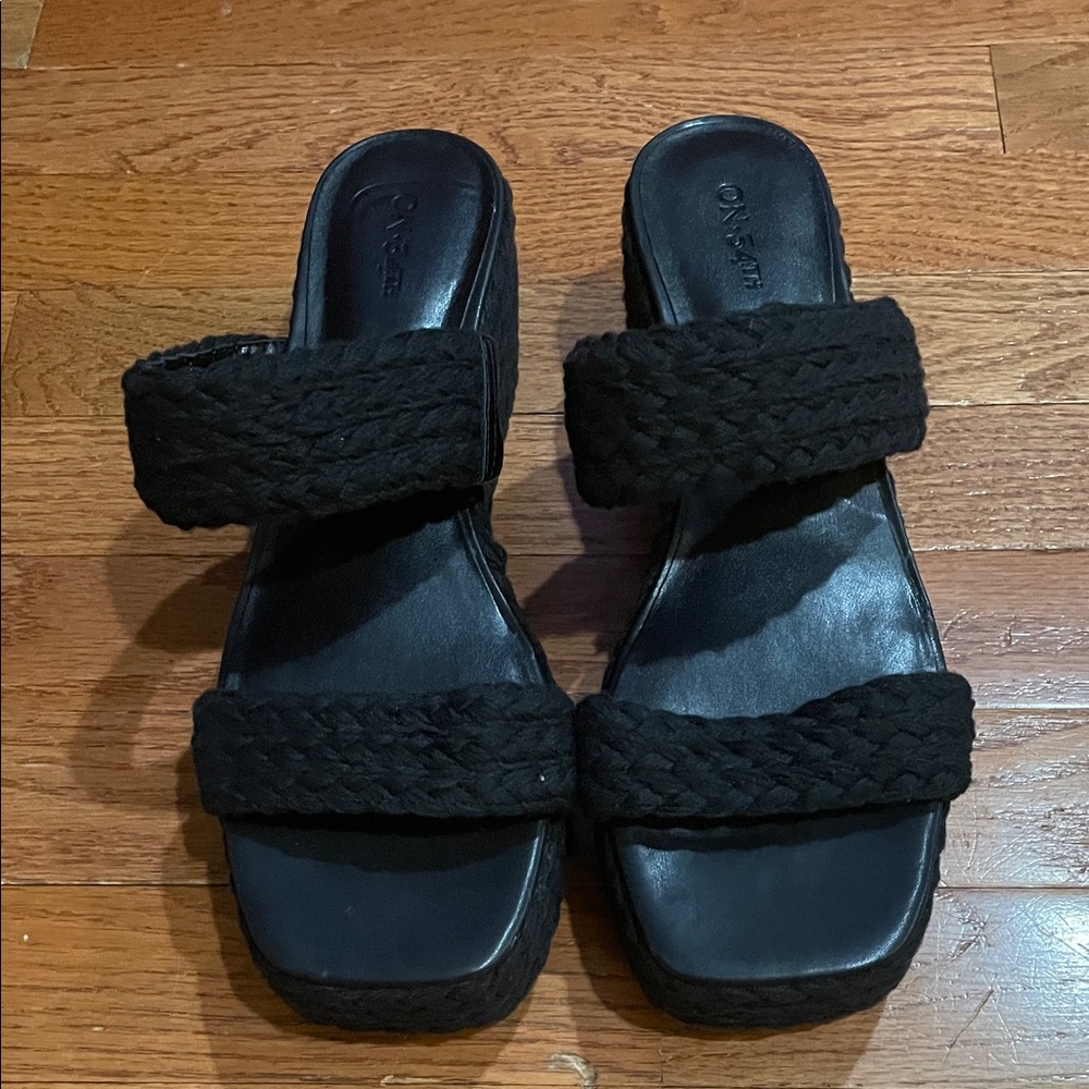 Black Braided Strap Wedge Sandals - Women